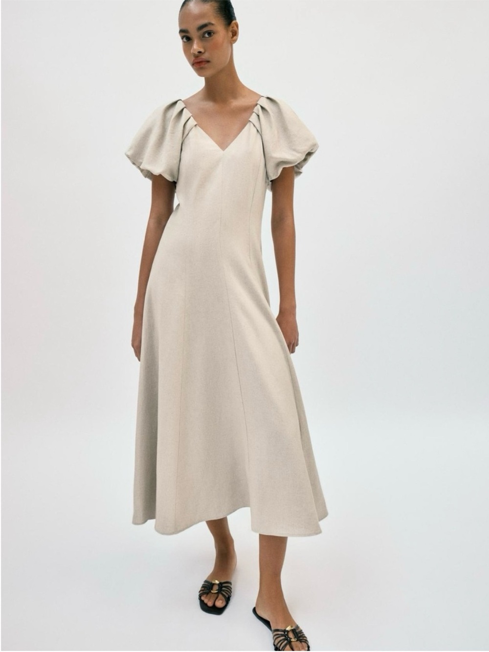 Zara Cream V-Neck Midi Dress with Puff Sleeves